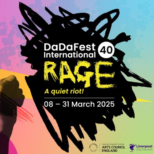 An illustration which shows a black swirl against a colourful background. Inside the black swirl it says RAGE with information about festival dates