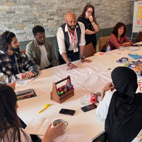 A group of people around a board table