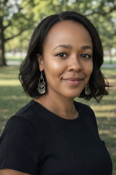Catherine is a black woman with dark long hair. She is wearing a round-necked black top